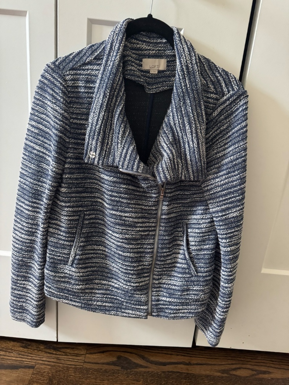 LOFT Blue White Textured Moto Sweater Jacket Size Small